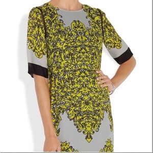 Milly 100% Silk Shift Dress Size 4 Chartreuse Grey Black Damask Print Mesh